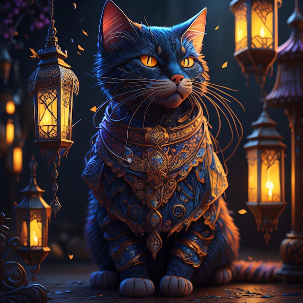 A mystical cat with a golden eye sits in front of lanterns