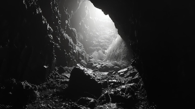 Mystical cave A dark and mysterious cave with a bright light shining from the entrance