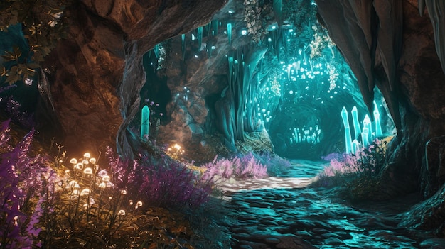 A Mystical Cave Filled With Enchanting Purple and Green Plants