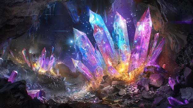Mystical cave with glowing crystals Magical gemstones in dark cavern
