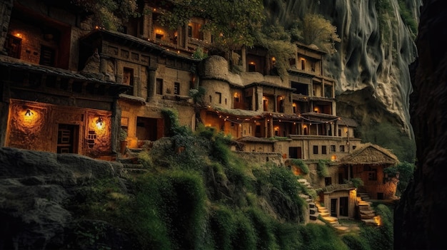 緑豊かな植物とカラフルな照明が映える、山腹に彫られた神秘的な洞窟