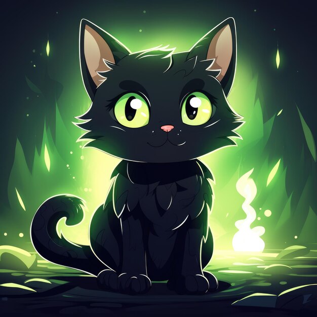 Mystical charm the enchanting fluffy black cat with radiant green eyes and magical lightning