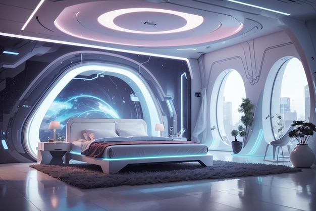 사진 미스틱 사이버 스페이스 리트리트 (mystic cyberspace retreat) 는 ar 환경으로 미래의 침실을 설계합니다.