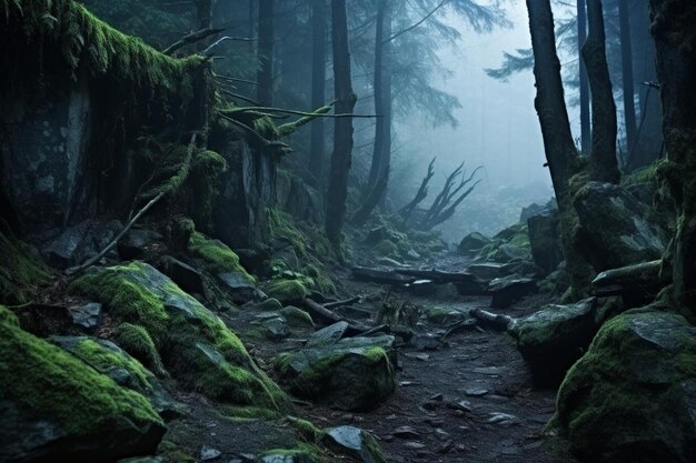 mystical dark foggy forest in the mountains