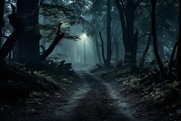 Mystical dark forest with fog and path