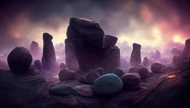 The mystical dark world of rocks Cinematic view 3d render Detailed colored Generative Ai