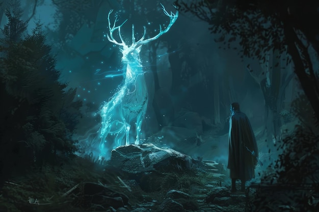 Photo mystical deer and cloaked figure in an eerie forest scene