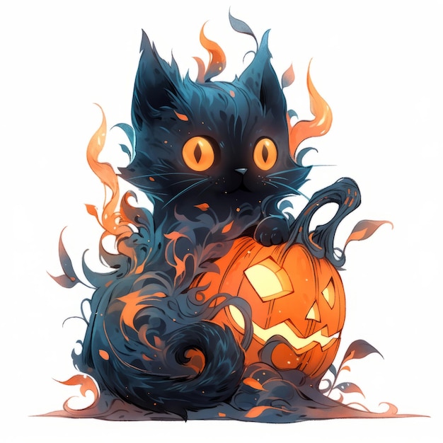 Mystical Delight A Captivating Halloween Black Cat in Exquisite Light Blue Orange and White