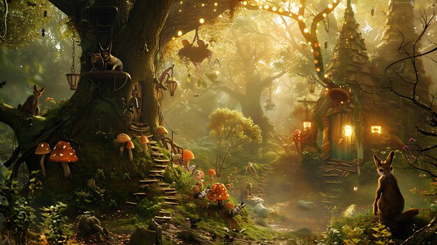 나무집과 요정이 있는 마법의 숲을 묘사한 신비로운 디지털 그림. 이 작품은 활기찬 색과 복잡한 세부 사항으로 가득 차 있다.