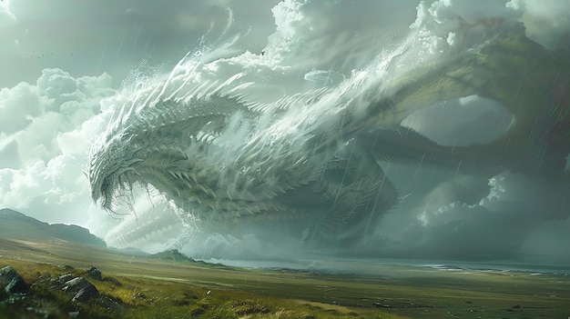 Фото Мистическая цифровая картина доброжелательного белого дракона, летящего над зеленым пейзажем с горами на заднем плане