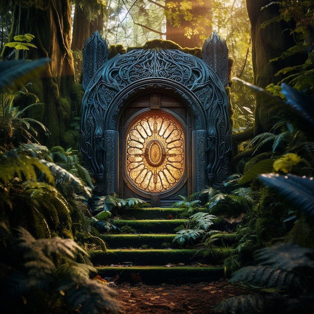 茂み の 森 の 神秘 的 な 扉