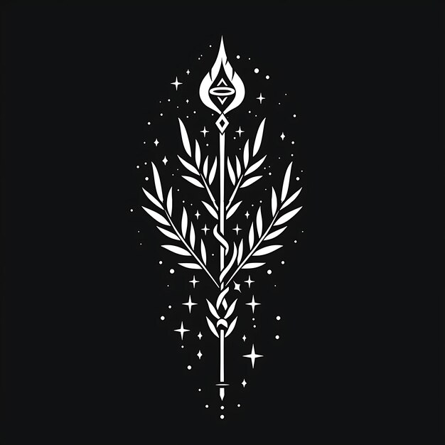 Mystical Druid Clan Badge met Druid Staff en Mistletoe voor Creatief Logo Design Tattoo Outline