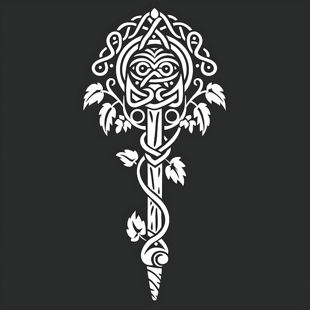 Mystical Druid Clan Badge With Druid Staff and Mistletoe for Creative Logo Design Tattoo Outline