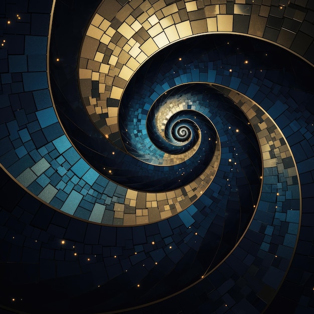 Mystical Elegance The Perfect Fibonacci Spiral with Celestial Midnight Blue Background and Shiny Go