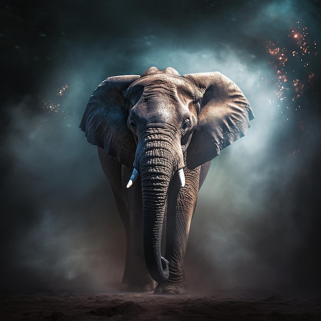 A mystical elephant photographed with moody backlighting streaming