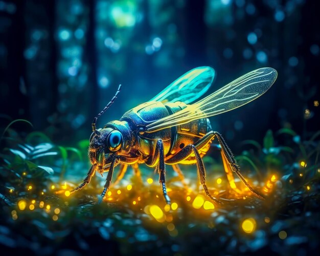 A Mystical and Enchanting Firefly with a Blue Light A Stunning CloseUp Image of a Glowing Insect