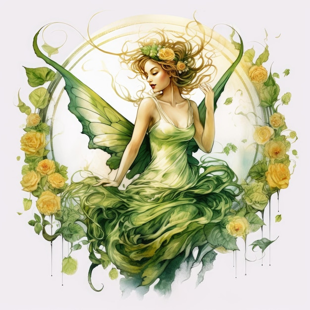 Mystical Enchantment A Whimsical Vintage Fairy in Glittering Green Soaring Through a Kaleidoscope