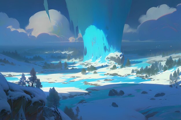 A mystical ethereal land of ice and snow digital art illustration