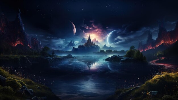 A mystical fairy tale landscape of a night sinister kingdom with a huge moon