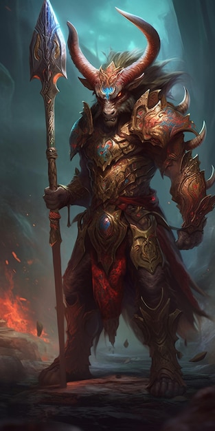 Mystical fantasy character with epical weapon warrior sorcerer dragon huntsmann