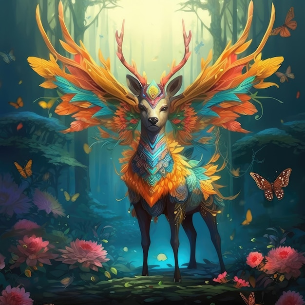 Mystical fantasy deer in a magical forest