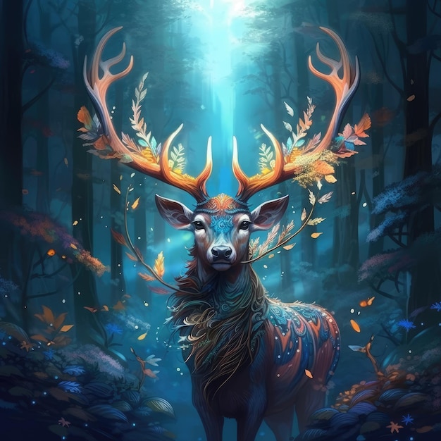Мистический фэнтезийный олень в волшебном лесу