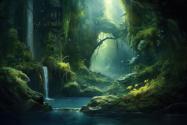 A mystical fantasy waterfall hidden deep in magic illustration Ai generative