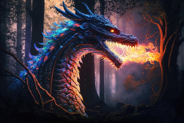 Mystical firebreathing forest dragon among trees created with generative ai