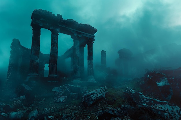 Mystical fog rolling over ancient ruins