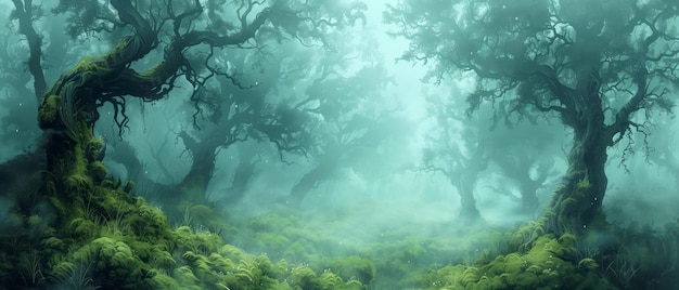 A mystical foggy forest with twisted trees and mosscovered rocks Fantasy illustration