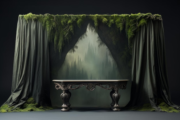 Foto scenario mistico della foresta con tavolo vintage
