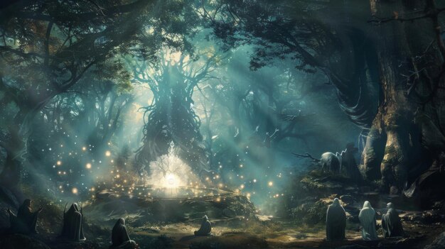謎の森で 謎の生き物の群れが 輝く球の周りに集まって 手を優しく