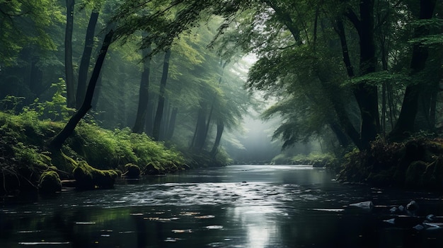 Mystical Forest MistShrouded Trees and Serene River in a Dreamlike Ambience