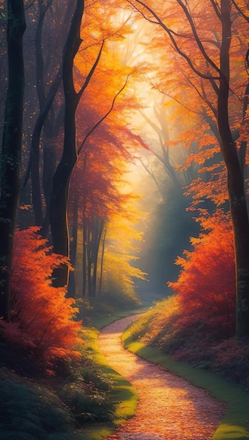 UltraDetail の神秘的な森の小道夕日の輝きと霧の魅惑