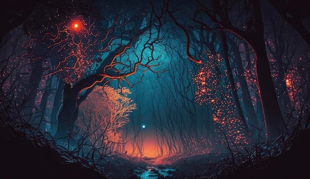 Mystical forest scene at night as digital art Generate Ai