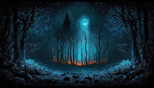 디지털 아트로 밤의 신비로운 숲 장면 Ai 생성