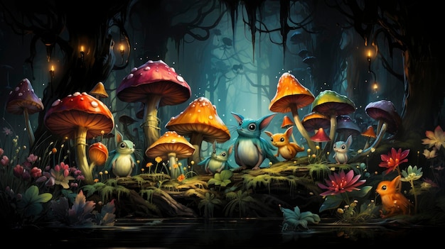 Mystical forest scene with illuminated mushrooms magical castle glowing lights and serene pond reflections