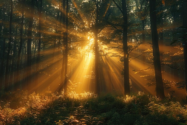 A mystical forest scene with sunlight filtering through the trees casting enchanting shadows