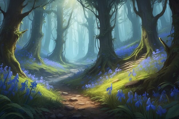 Mystical Forest Video Game Environment Bluebell Bloom Adventure