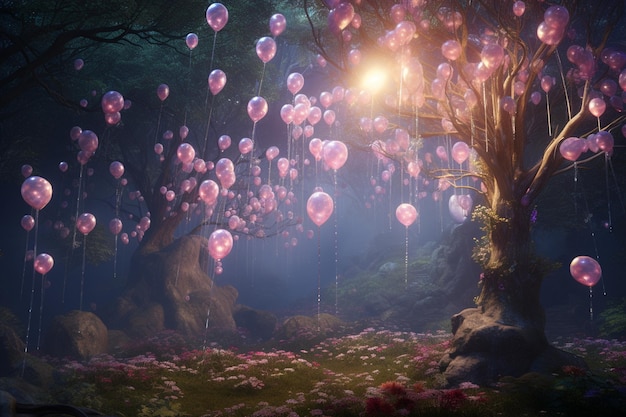 A mystical forest where balloons release sparkling 00229 02