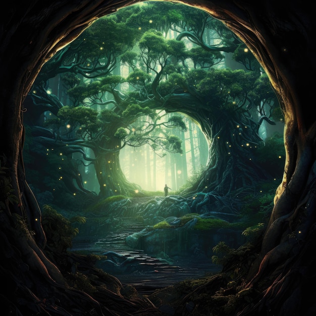 Мистический лес с древними деревьями и скрытыми кольцами фей.