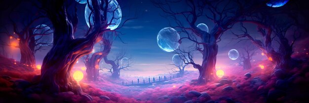 Photo mystical forest with luminescent trees and floating orbs set against a dynamic abstract backdrop symbolizing the hidden mysteries of nature generative ai