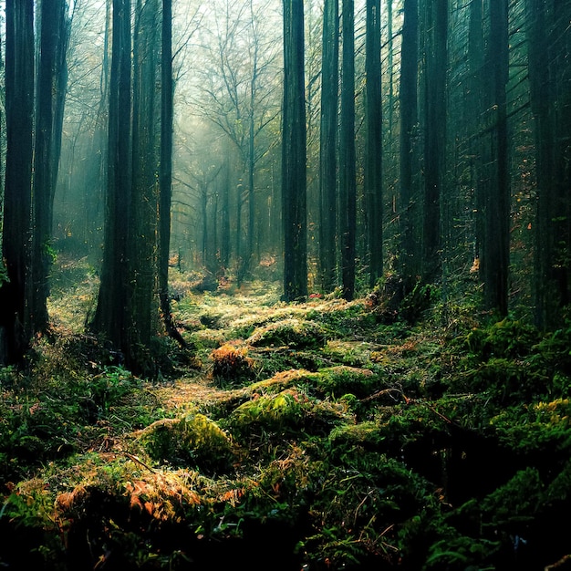 Foresta mistica con alberi di luce solare con nebbia di muschio verde disegno 3d o pittura atmosfera di coda di fata