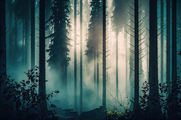 Mystical forest with towering trees and misty skies