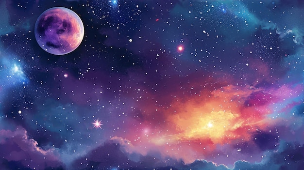 Мистическая галактическая сцена с яркими облаками и блестящими звездами