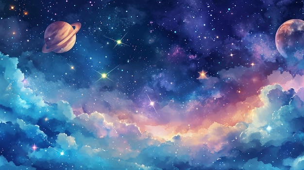Мистическая галактическая сцена с яркими облаками и блестящими звездами