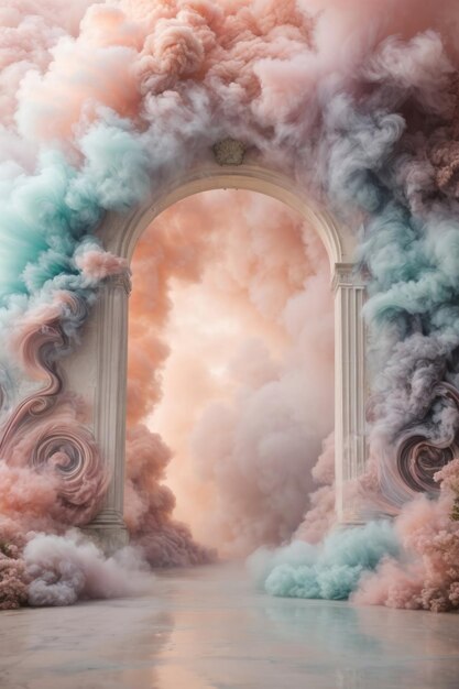 Mystical Gateway A Serene Archway Amidst Ethereal Pink and Blue Haze
