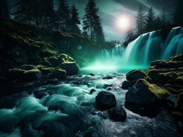 Mystical Glow from the Northern Lights on a Waterfall