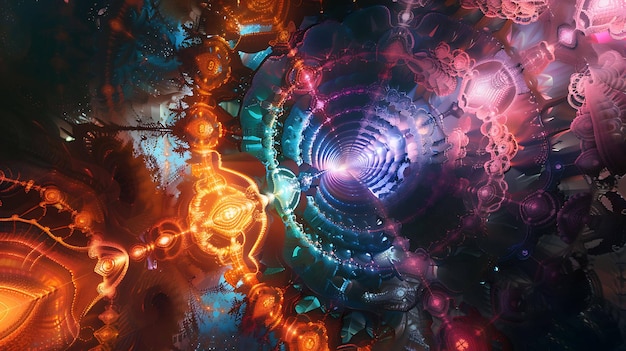 Мистический светящийся фрактальный цветок Светящаяся энергия в центре изображения Подходит для использования в качестве обложки для научно-фантастической книги