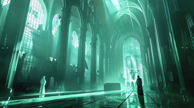 Photo mystical glowing green light fills a grand cathedral the light shines through stained glass windows and illuminates the ornate columns and arches